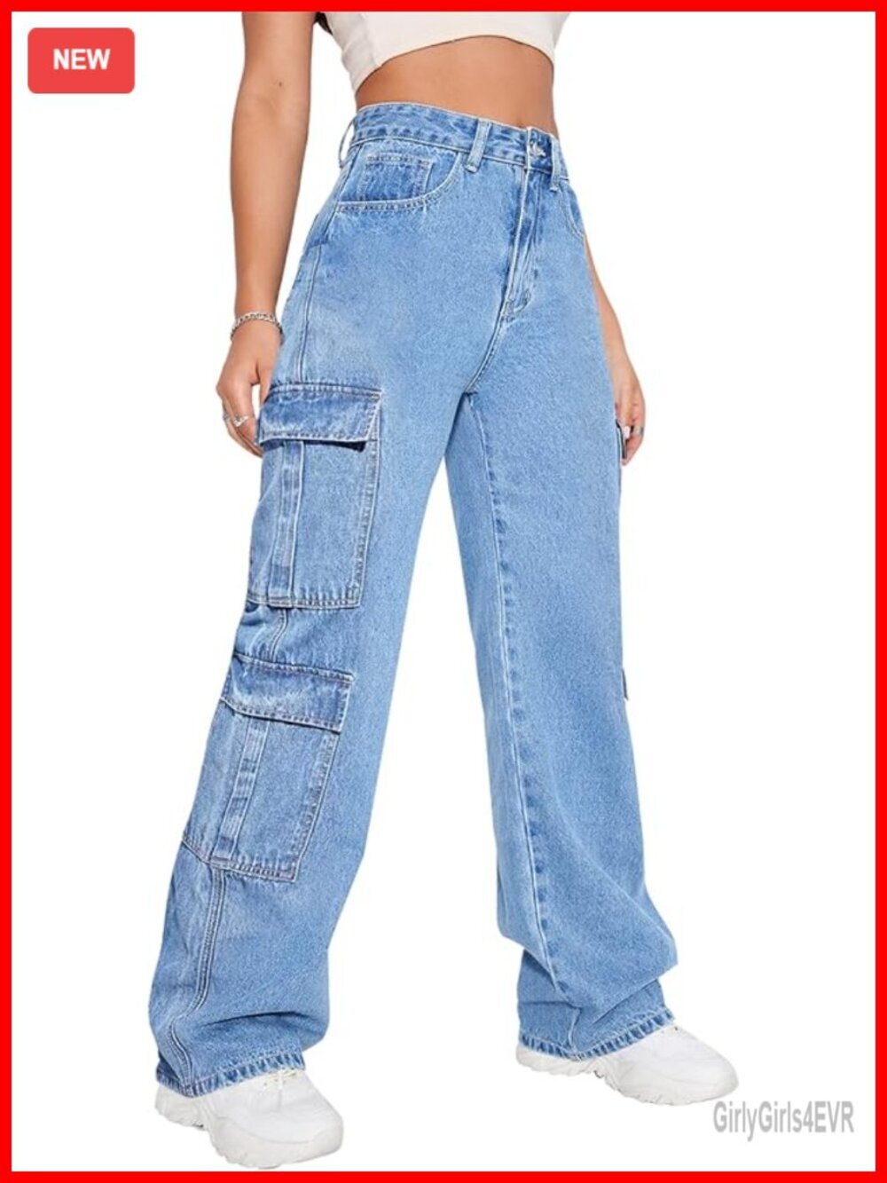 High Waist Baggy Cargo Jeans Flap Pocket Y2K Wide Leg Denim Pants